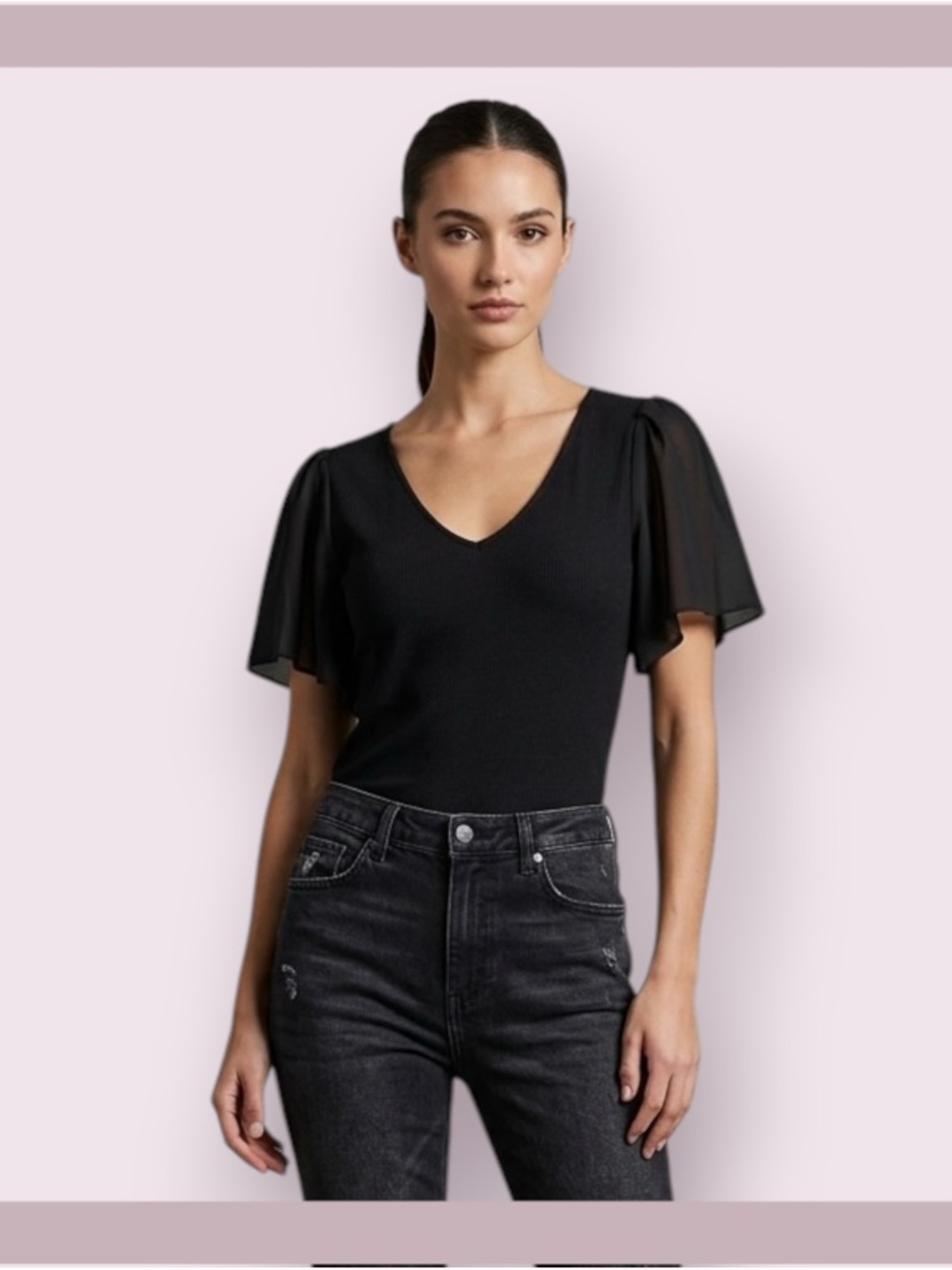 1.State Rich Black Flutter Sleeve Rib Knit T Shirt